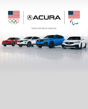 2025 Acura RDX, Acura MDX and Acura Integra front profile in a studio with Team USA Olympics logo.