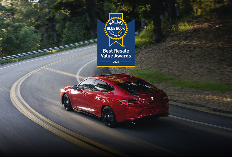 2026 Acura Integra A-Spec with Technology in Performance Red Pearl back driving on a mountain road (Premium Sport Compact).