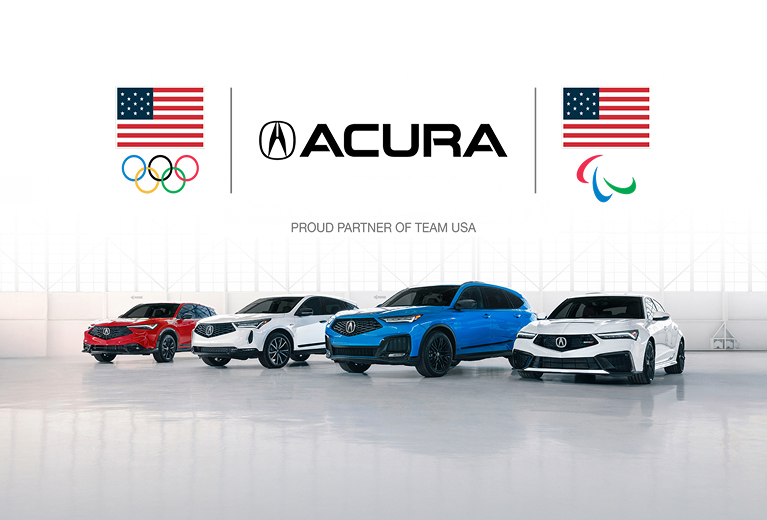 Acura's line up vehicles below the Acura and Olympics logos.