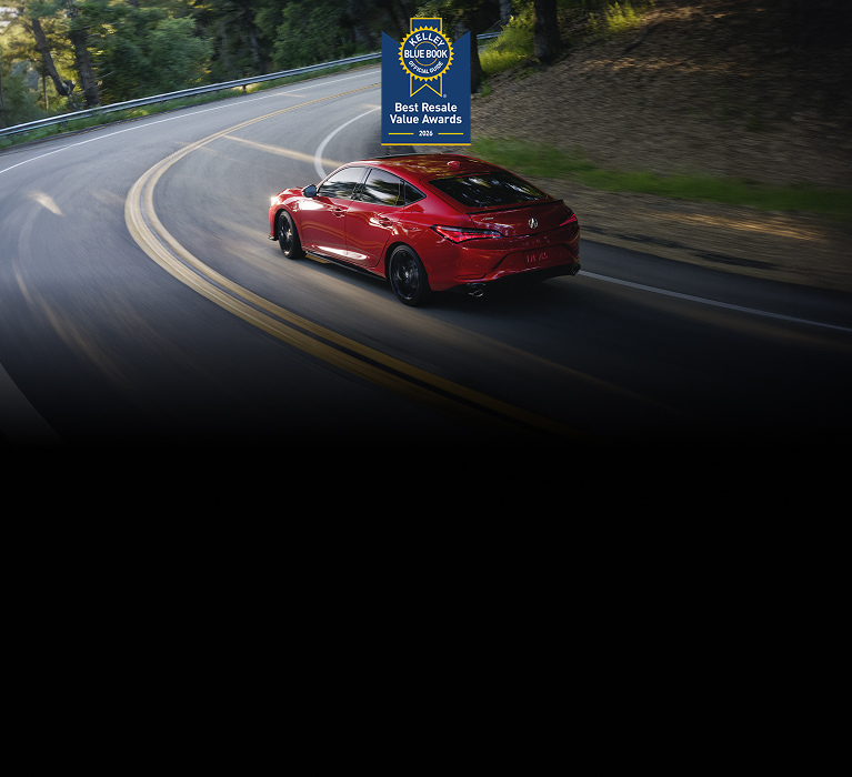 2026 Acura Integra A-Spec with Technology in Performance Red Pearl back driving on a mountain road (Premium Sport Compact).
