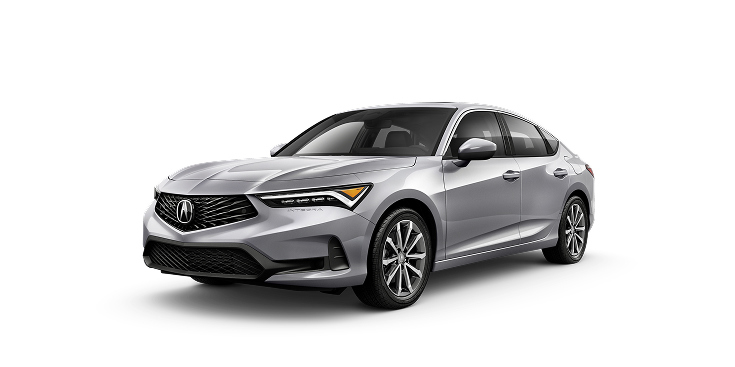 2026 Acura Integra in Solar Silver Metallic front three-quarter in a studio lighting (Premium Sport Compact)