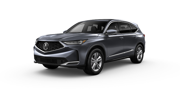 2026 Acura MDX in Liquid Carbon Metallic front three-quarter in a studio lighting (Premium Performance SUV)