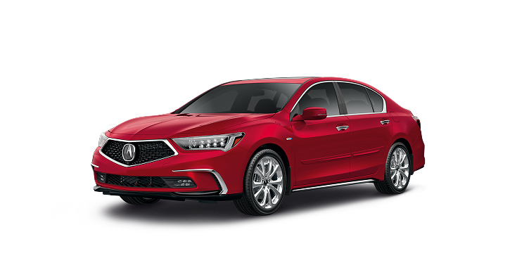 2020 Acura RLX Sport Hybrid SH-AWD in Brilliant Red Metallic front three-quarter in a studio lighting (Premium Performance Luxury Sedan)
