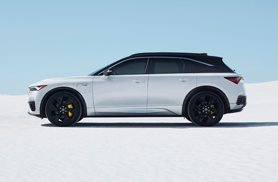 All Electric ZDX Type S with performance wheel and tire in Snowfall Pearl - side profile view