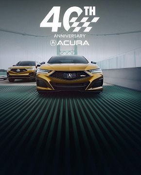 Acura Integra and Acura RDX vehicles on a track, with Acura's 40th Anniversary logo.