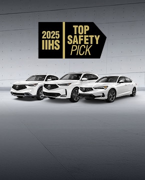 2025 Acura ADX, MDX, and Integra front profile in a studio with IIHS Top Safety Pick badge.
