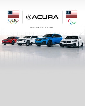 2025 Acura RDX, Acura MDX and Acura Integra front profile in a studio with Team USA Olympics logo.