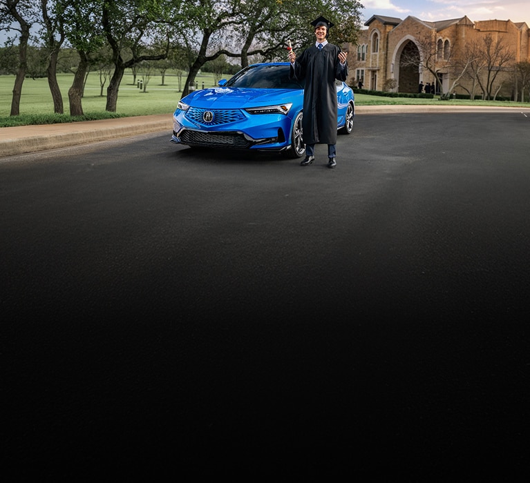 Acura Integra A-Spec with Technology Package in Double Apex Blue Pearl front parked with a graduate (Premium Sport Compact).