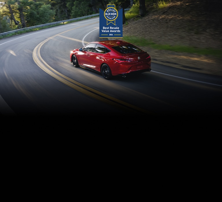 2026 Acura Integra A-Spec with Technology in Performance Red Pearl back driving on a mountain road (Premium Sport Compact).
