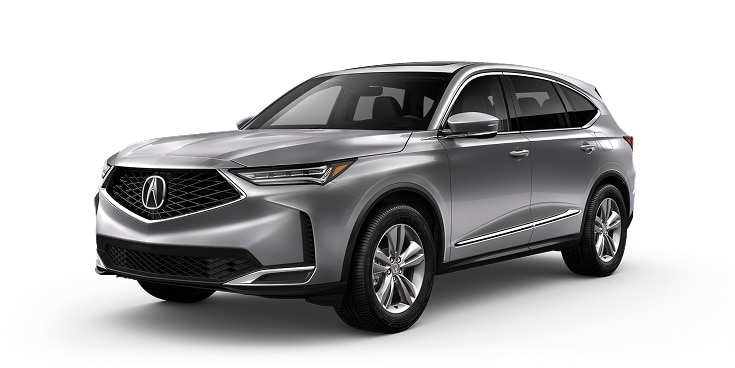 2025 Acura MDX in Lunar Silver Metallic front three-quarter in a studio lighting (Premium Performance SUV) 2025 Acura MDX in Lunar Silver Metallic front three-quarter in a studio lighting (Premium Performance SUV)