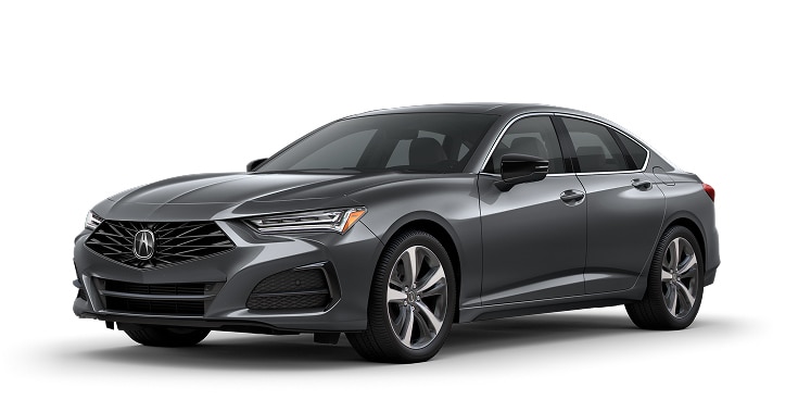 2024 Acura TLX with Technology Package in Liquid Carbon Metallic front three-quarter in a studio lighting (Premium Sport Sedan)