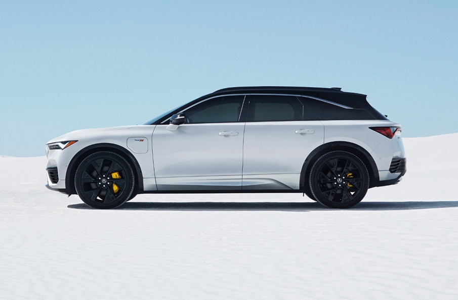 All Electric ZDX Type S with performance wheel and tire in Snowfall Pearl - side profile view