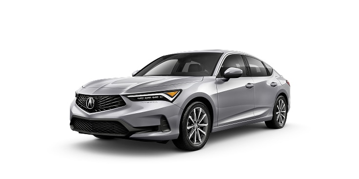 2026 Acura Integra in Solar Silver Metallic front three-quarter in a studio lighting (Premium Sport Compact)